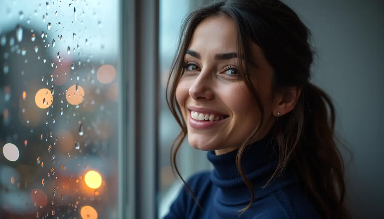 Smiling brunette woman in Hobart apartment with Nine Casino online lobby glow